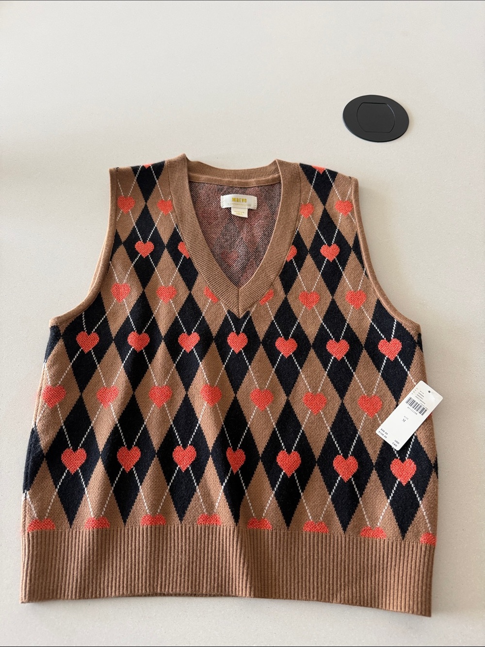 Maeve Tan and Black Argyle V-Neck Sweater Vest with Red Heart Motifs